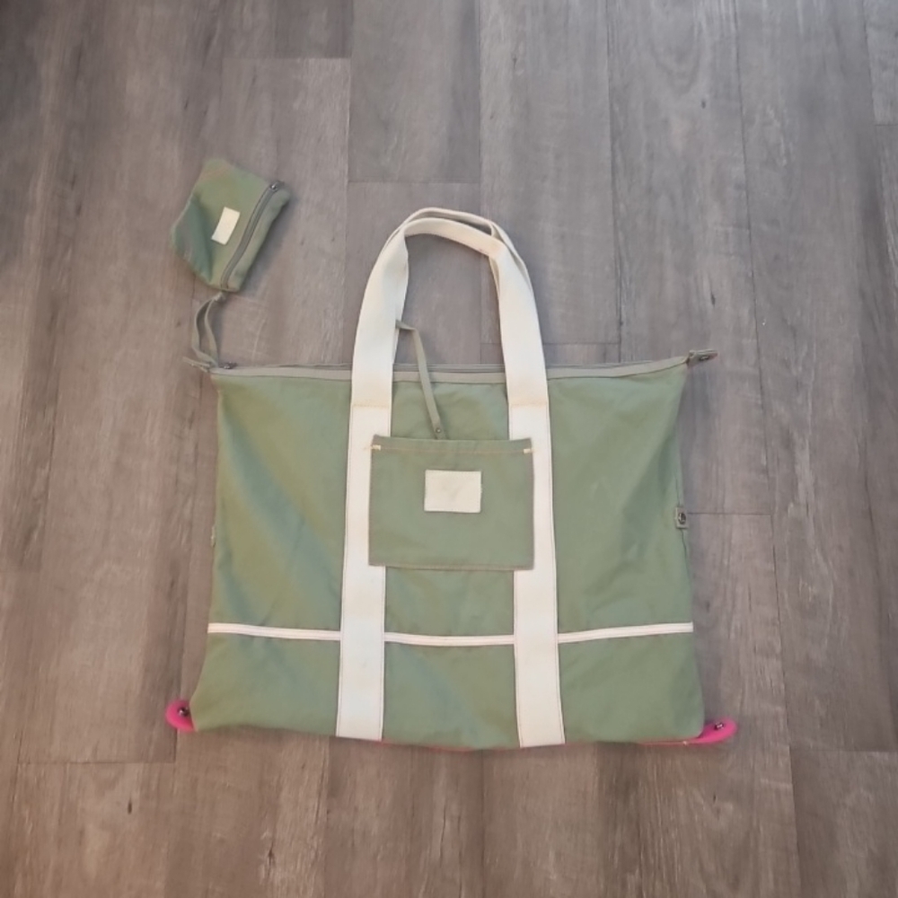 American Eagle Outfitters Triple  Tote Bag Large Olive/Cream Full Zip Canvas